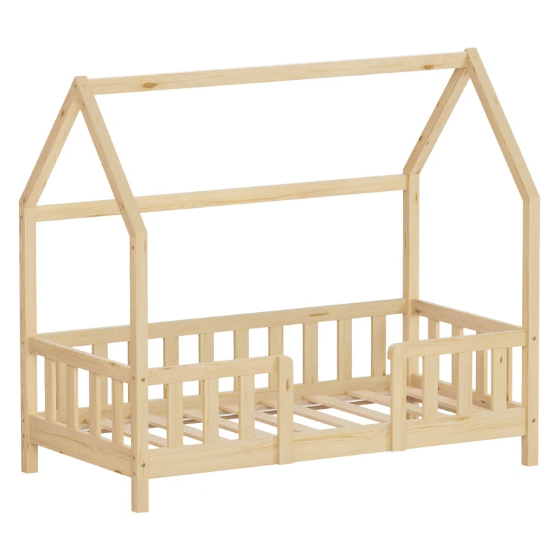 ML-Design | Kinderbett mit Dach, Rausfallschutz und Lattenrost, mit/ohne Matratze, aus Kiefernholz, Hausbett, Holzbett