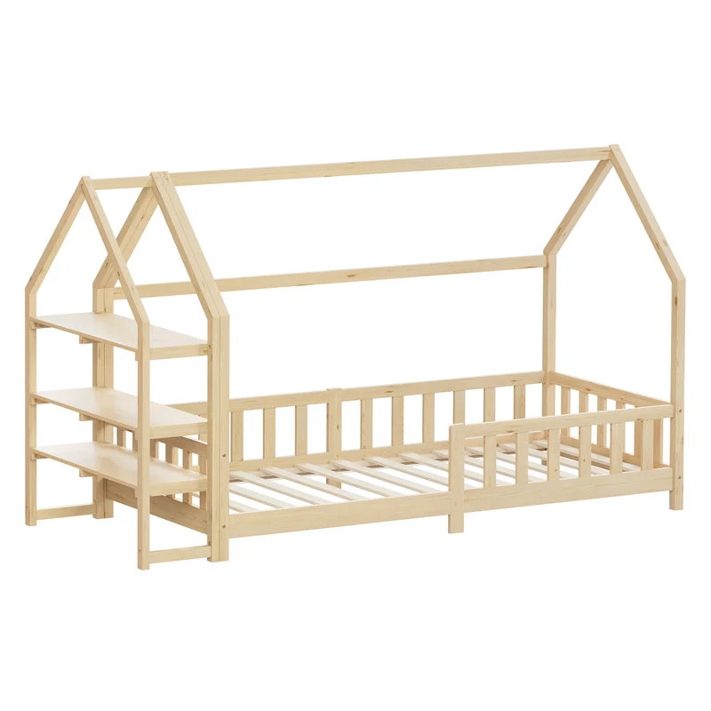 Kinderbett Hausbett 90x200 cm aus Kiefernholz Natur mit Rausfallschutz Regal Dach und Lattenrost Holzbett ML-Design