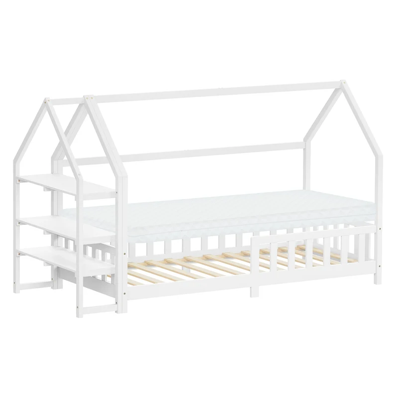 Kinderbett Hausbett 90x200 cm Weiß aus Kiefernholz inkl. Matratze H-10cm Rausfallschutz Regal Dach und Lattenrost ML-Design