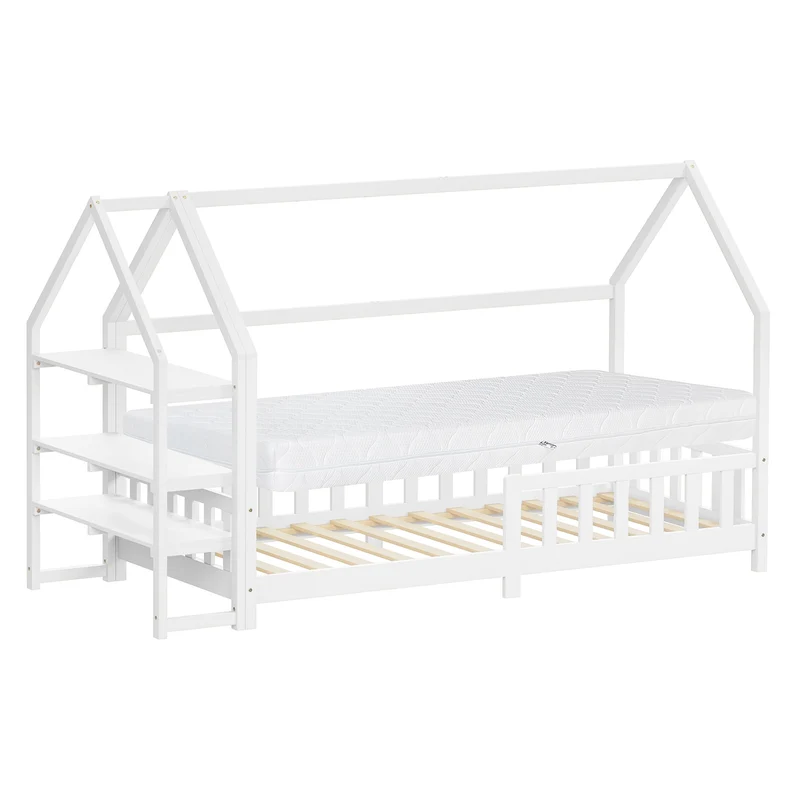 Kinderbett Hausbett 90x200 cm Weiß aus Kiefernholz inkl. Matratze H-16cm Rausfallschutz Regal Dach und Lattenrost ML-Design