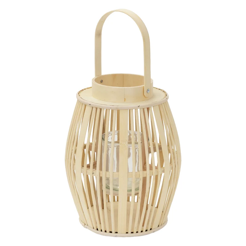 ECD Germany | Bambus Laterne oval Windlicht mit Henkel & Glaseinsatz, Natur/Grau, Boho Gartenlaterne, Flechtoptik Kerzenhalter