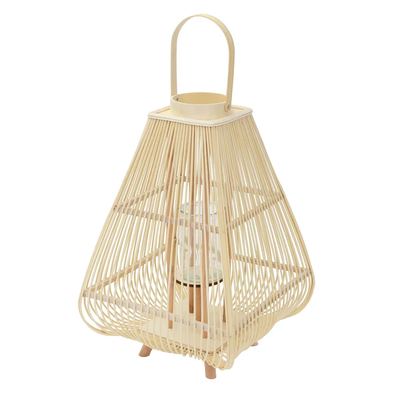 Bambus Laterne, Windlicht H: 73,5 cm Holzfarbe, Boho Gartenlaterne mit Henkel & Glaseinsatz, Flechtoptik Kerzenhalter