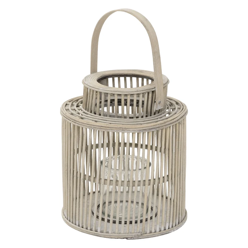 ECD Germany | Bambus Laterne rund Windlicht mit Henkel & Glaseinsatz, Natur/Grau, Boho Gartenlaterne, Flechtoptik Kerzenhalter