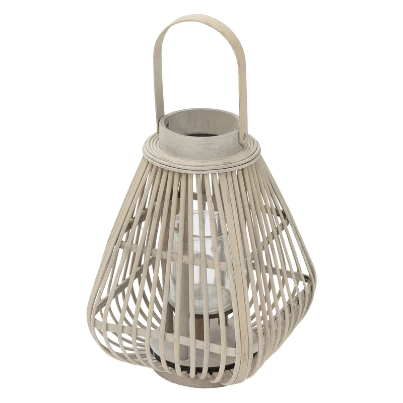 ECD Germany | Bambus Laterne viereck Windlicht mit Henkel & Glaseinsatz, Natur/Grau, Boho Gartenlaterne, Flechtoptik Kerzenhalter