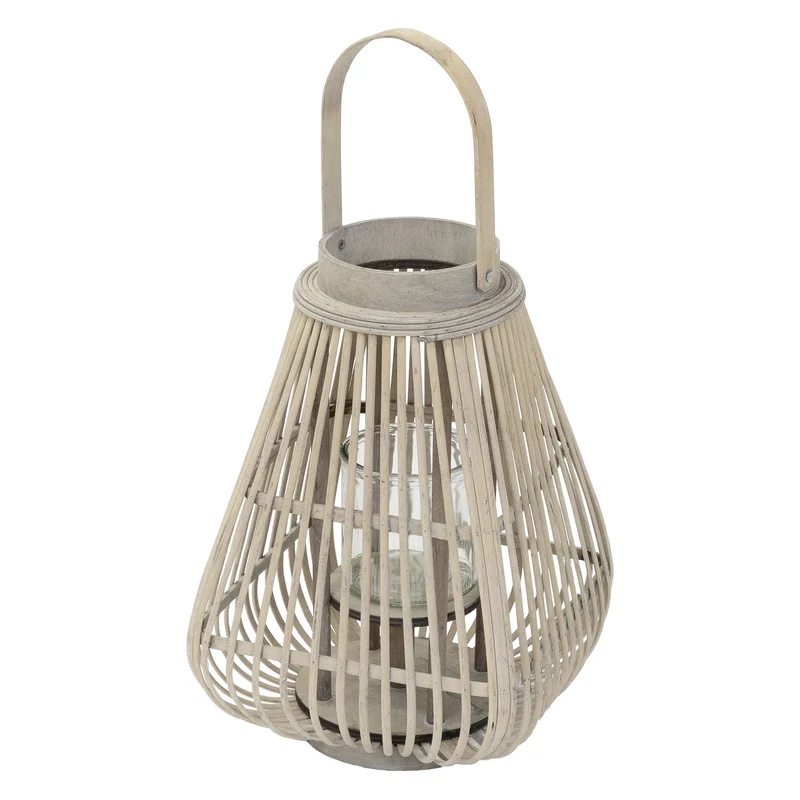 Bambus Laterne, Windlicht H: 50 cm Holzfarbe, Boho Gartenlaterne mit Henkel & Glaseinsatz, Flechtoptik Kerzenhalter