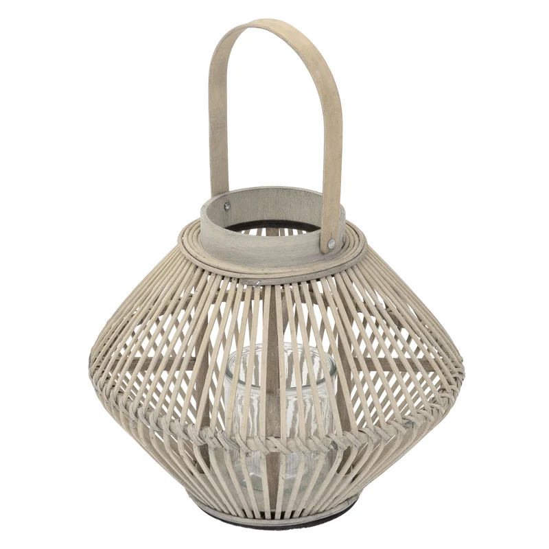 Bambus Laterne, Windlicht H: 42 cm Holzfarbe, Boho Gartenlaterne mit Henkel & Glaseinsatz, Flechtoptik Kerzenhalter