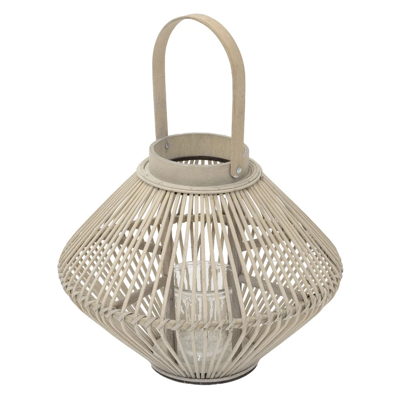 Bambus Laterne, Windlicht H: 44 cm Holzfarbe, Boho Gartenlaterne mit Henkel & Glaseinsatz, Flechtoptik Kerzenhalter