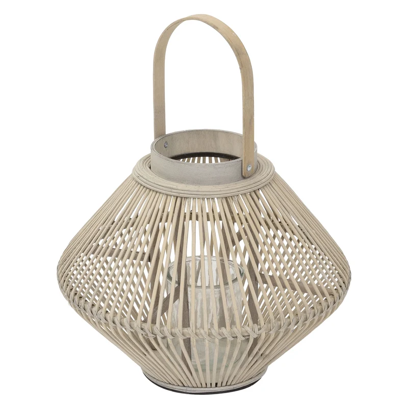 Bambus Laterne, Windlicht H: 47 cm Holzfarbe, Boho Gartenlaterne mit Henkel & Glaseinsatz, Flechtoptik Kerzenhalter