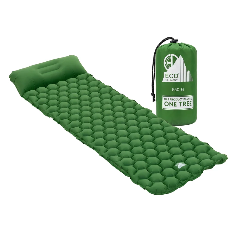 Isomatte Camping, Campingmatte aufblasbar, Grün, Luftmatratze Outdoor mit integriertem Kopfkissen, Ultraleicht, Kompakt & Faltbar