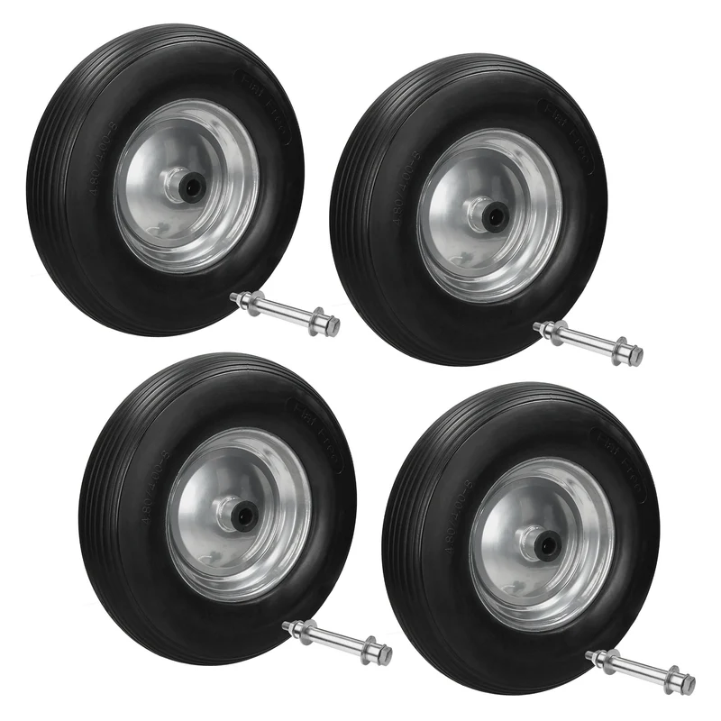 4er Set Schubkarrenrad 390 mm 4.80/4.00-8 mit Achse Linienprofil Schwarz aus PU Vollgummi
