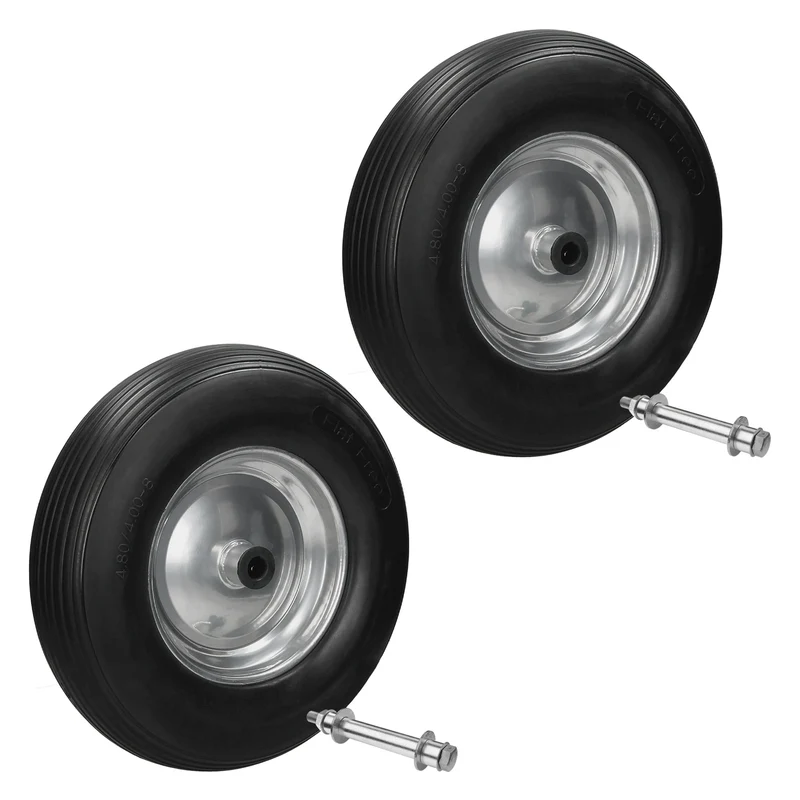 2er Set Schubkarrenrad 390 mm 4.80/4.00-8 mit Achse Linienprofil Schwarz aus PU Vollgummi