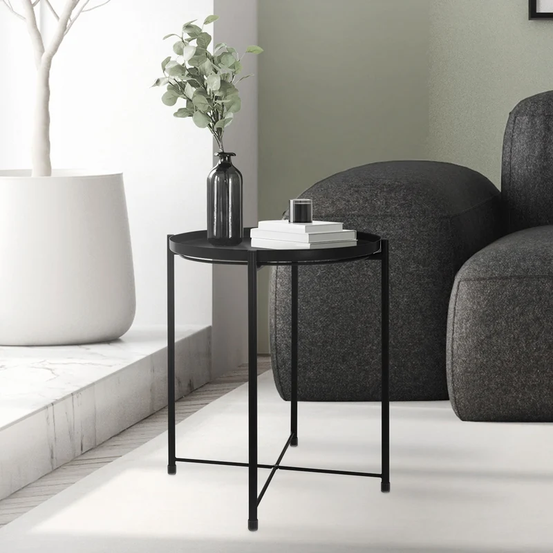 B-Ware Beistelltisch rund Ø42x52 cm Schwarz aus Metall mit Tablett ML-Design