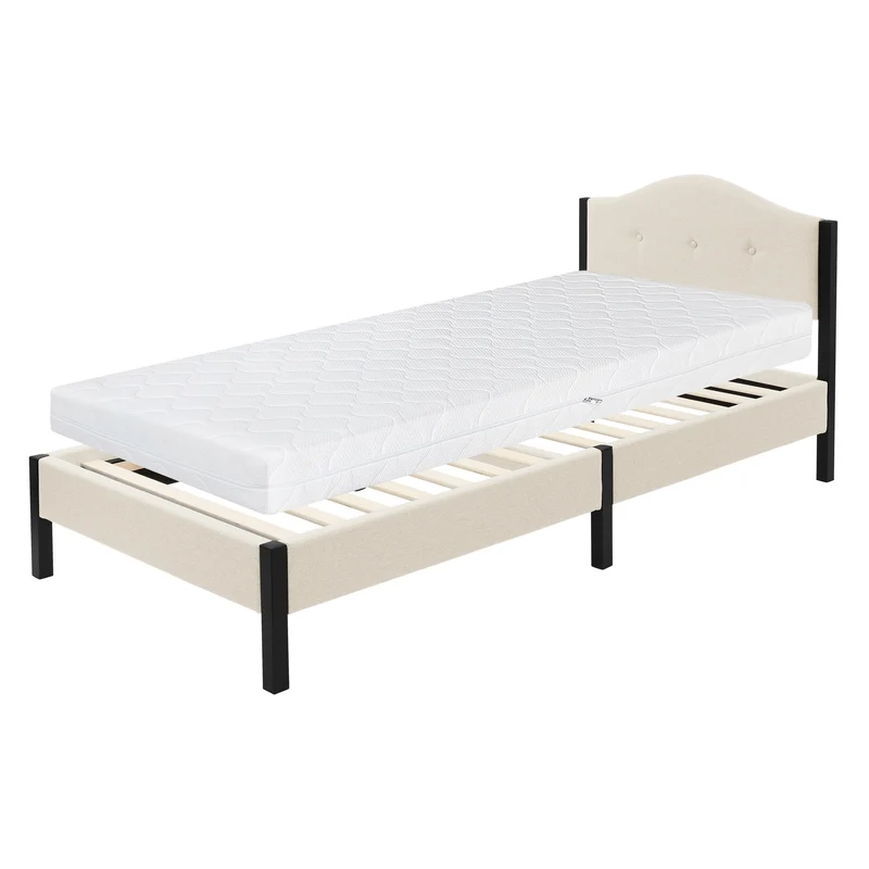 Polsterbett 90x200 cm mit Matratze H:16cm, Beige, Einzelbett mit stabilem Bettgestell, Bett mit gepolstertes Kopfteil & Lattenrost, Jugendbett ML-Design