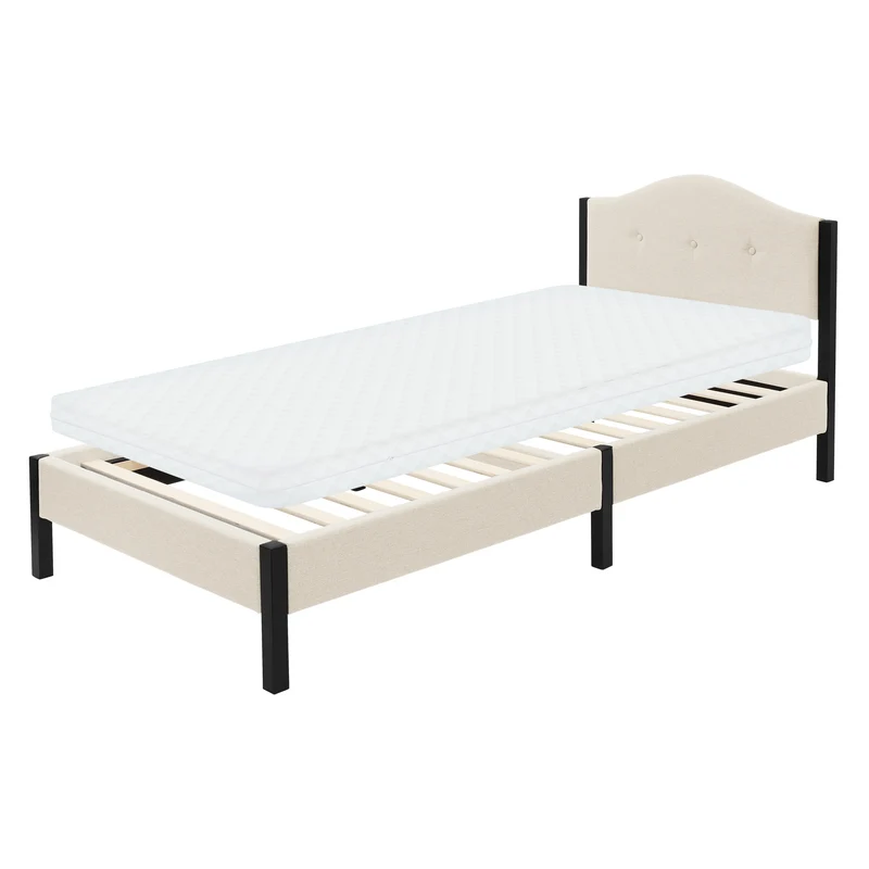 Polsterbett 90x200 cm mit Matratze H:10cm, Beige, Einzelbett mit stabilem Bettgestell, Bett mit gepolstertes Kopfteil & Lattenrost, Jugendbett ML-Design