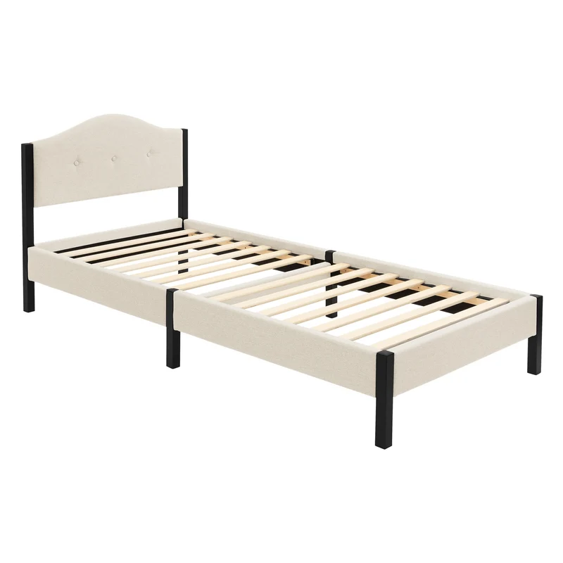 Polsterbett 90x200 cm, Beige, Einzelbett mit stabilem Bettgestell, Bett mit gepolstertes Kopfteil & Lattenrost, Jugendbett ML-Design