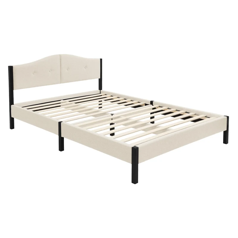 Polsterbett 140x200 cm, Beige, Doppelbett mit stabilem Bettgestell, Bett mit gepolstertes Kopfteil & Lattenrost, Jugendbett ML-Design