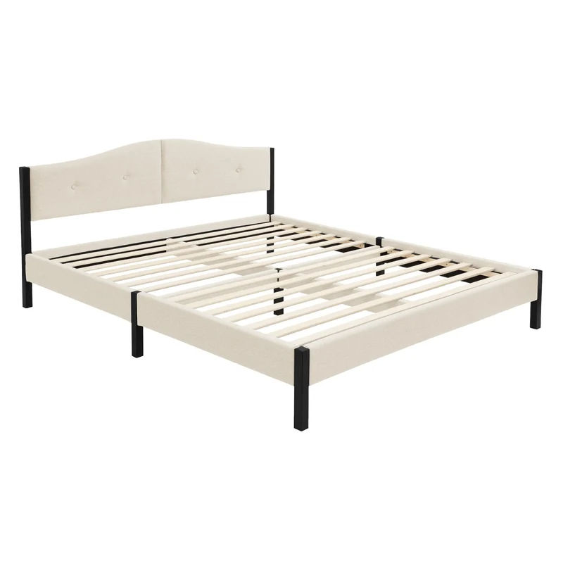 Polsterbett 160x200 cm, Beige, Doppelbett mit stabilem Bettgestell, Bett mit gepolstertes Kopfteil & Lattenrost, Jugendbett ML-Design