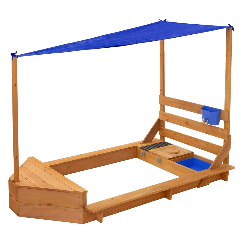 Sandkasten mit Dach 101x163 cm, aus Massivholz, Sandbox für Kinder mit Matschküche, Boots-/Schiffsdesign, UV Sonnenschutz ML-Design