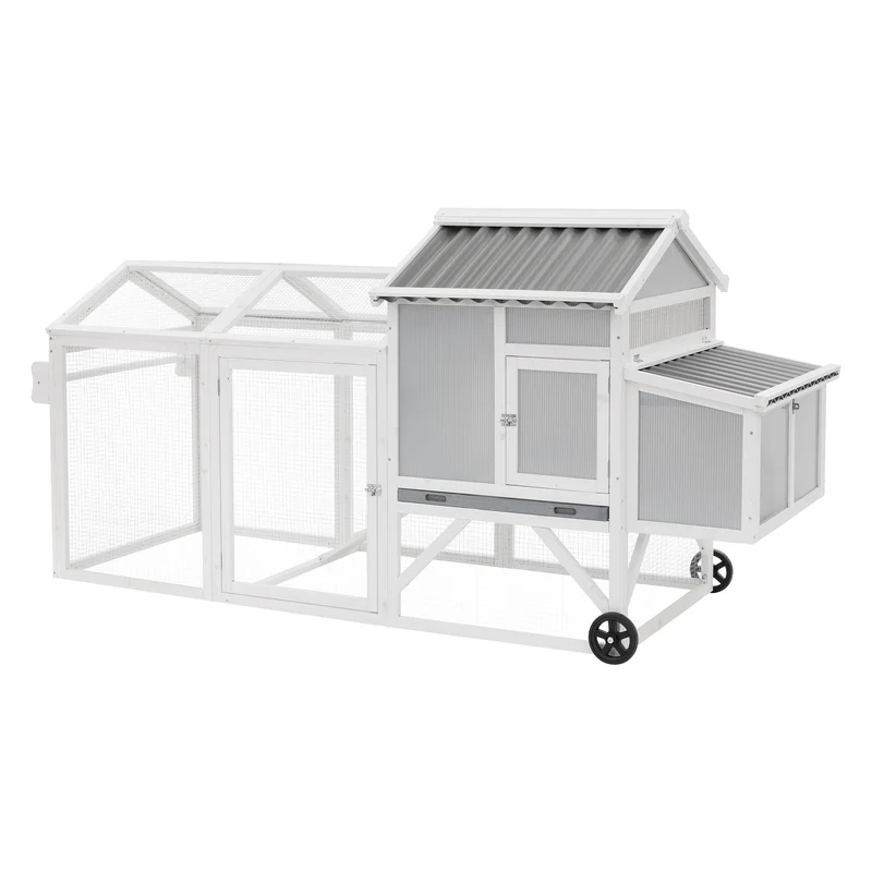 Mobiler Hühnerstall mit Auslauf & Rollen, Großes Hühnerhaus winterfest aus Massivholz XXL 83x220x109 cm Geflügelstall mit Freilaufgehege & Nistkasten