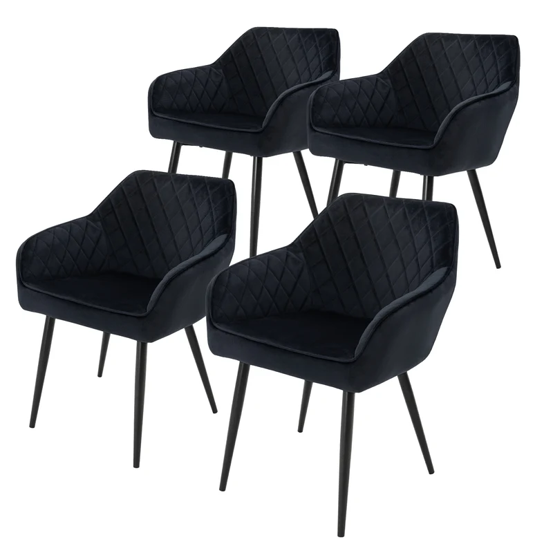 Esszimmerstuhl 4er Set Rauten Steppung Schwarz Samtbezug mit Metallbeinen inkl. Montagematerial ML-Design