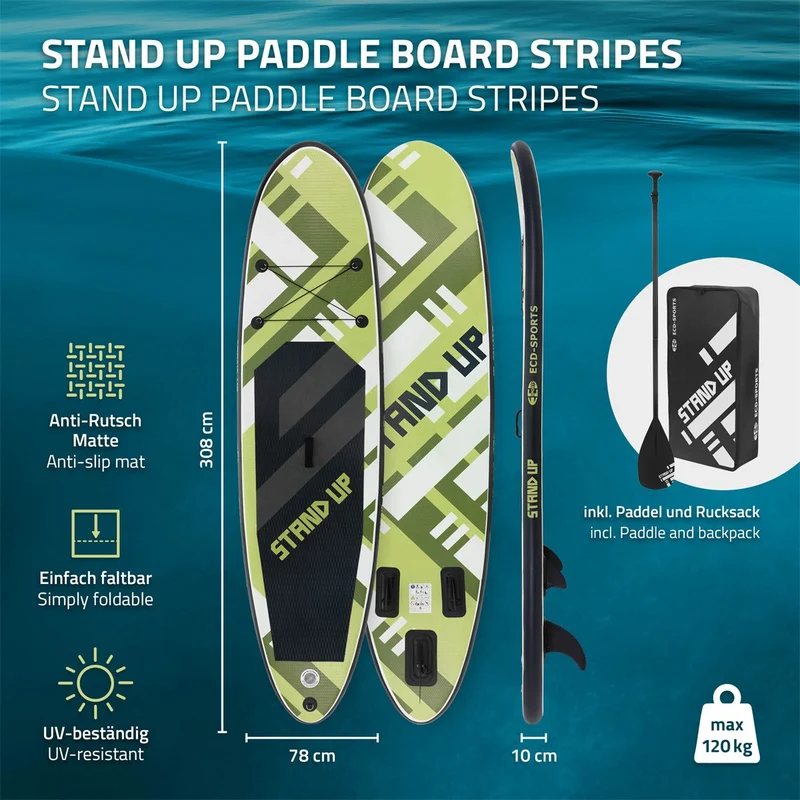Stand Up Paddle aufblasbares SUP Board 308x78x10 cm in Olive aus PVC inkl. Pumpe und Tragetasche