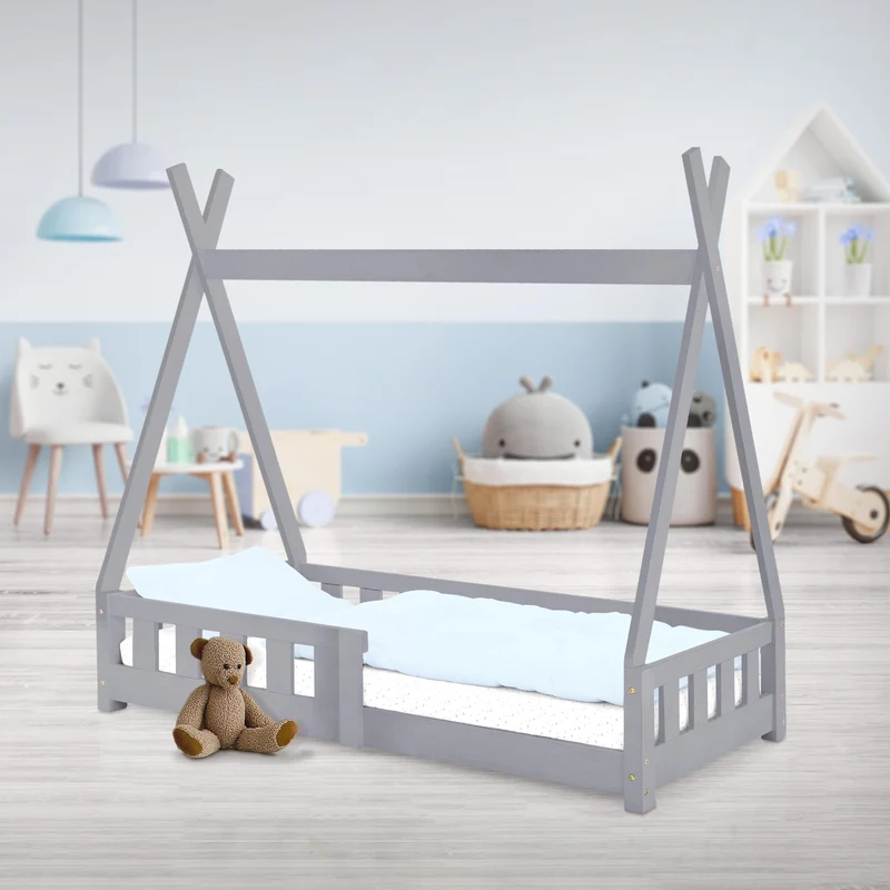 B-Ware Kinderbett Tipi 70x140 cm Hellgrau aus Kiefernholz mit Rausfallschutz und Lattenrost Holzbett ML-Design
