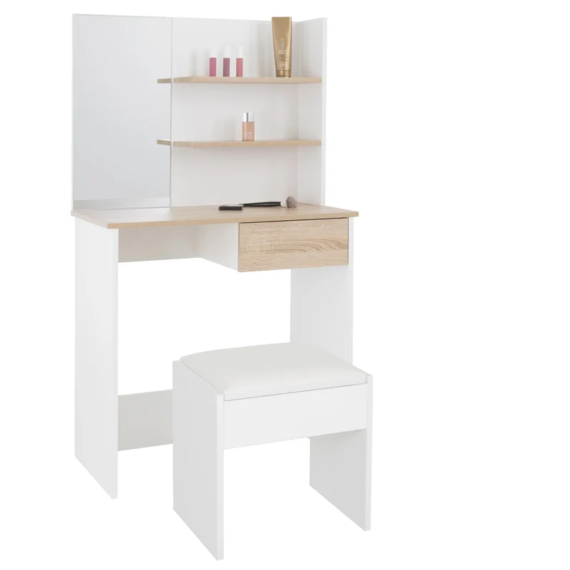 Schminktisch Frisiertisch 75x40x135 cm in Weiß/Natur mit Spiegel, Schublade & Hocker ML-Design