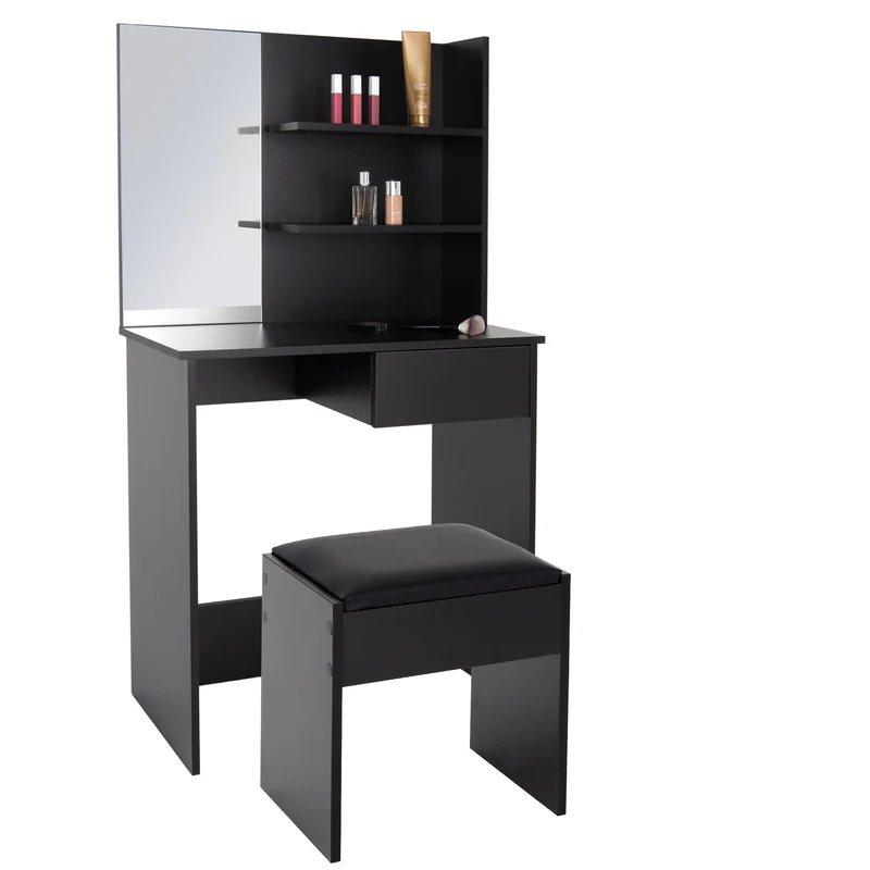 Schminktisch Frisiertisch 75x40x135 cm in Schwarz mit Spiegel, Schublade, 3 Ablagen & Hocker ML-Design