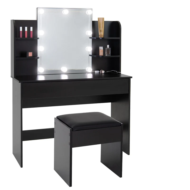 Schminktisch Frisiertisch 108x40x140 cm in Schwarz mit Spiegel, LED Beleuchtung, Schublade & Hocker ML-Design