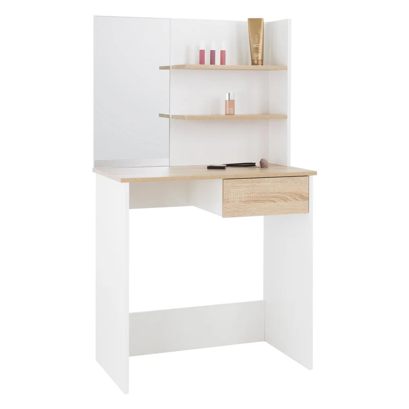 Schminktisch Frisiertisch 75x40x135 cm in Weiß mit Spiegel, Schublade & Ablagen ML-Design