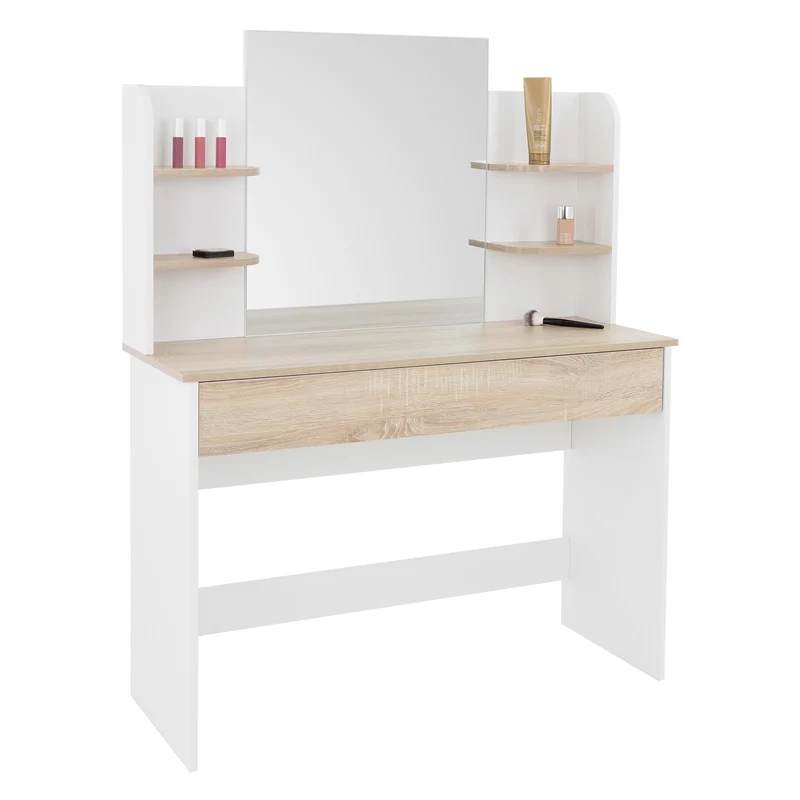 Schminktisch Frisiertisch 108x40x140 cm in Weiß/Natur mit Spiegel, Schublade und 6 Ablagen ML-Design