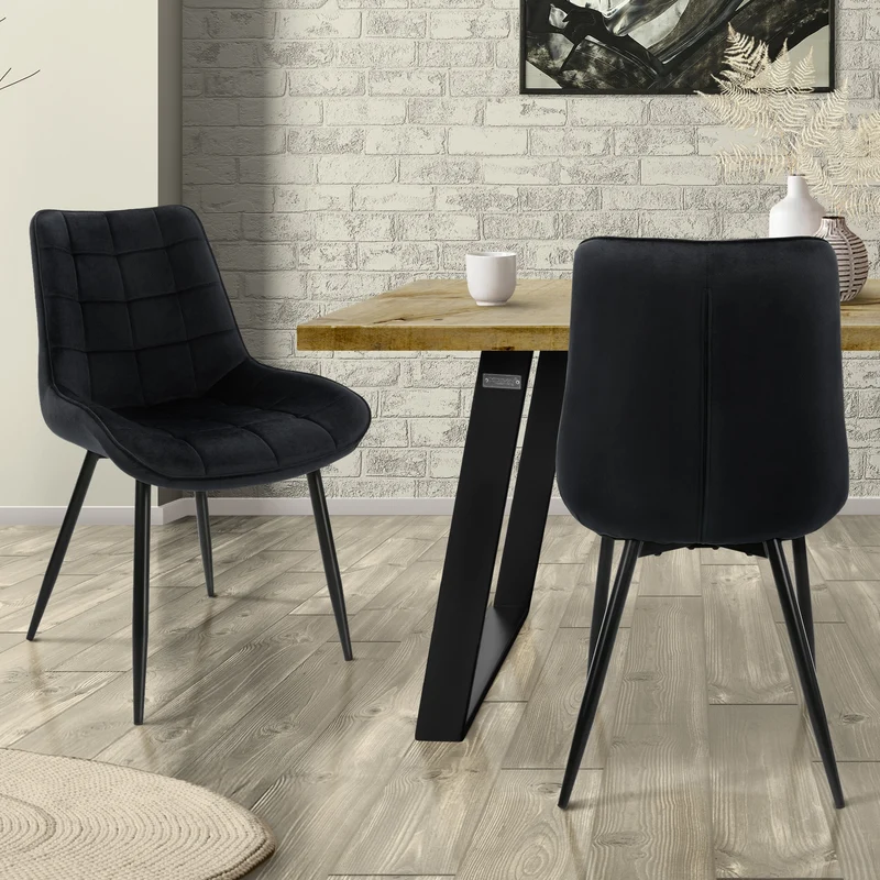 B-Ware Esszimmerstuhl 2er Set Quadrat Steppung Schwarz Samtbezug mit Metallbeinen inkl. Montagematerial ML-Design