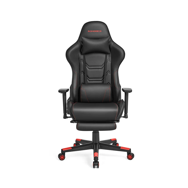 Bürostuhl ergonomisch Armlehnen Kopfkissen schwarz-rot