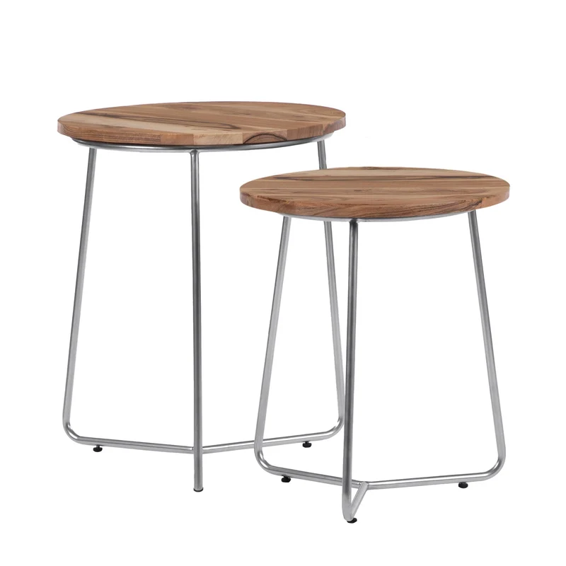 Beistelltisch 2er Set Natur/Silber Ø 43x52 / 38x45 cm rund aus Mangoholz und Eisen WOMO-Design
