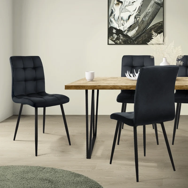 B-Ware Esszimmerstuhl 4er Set Quadrat Steppung Schwarz Samtbezug mit Metallbeinen inkl. Montagematerial ML-Design