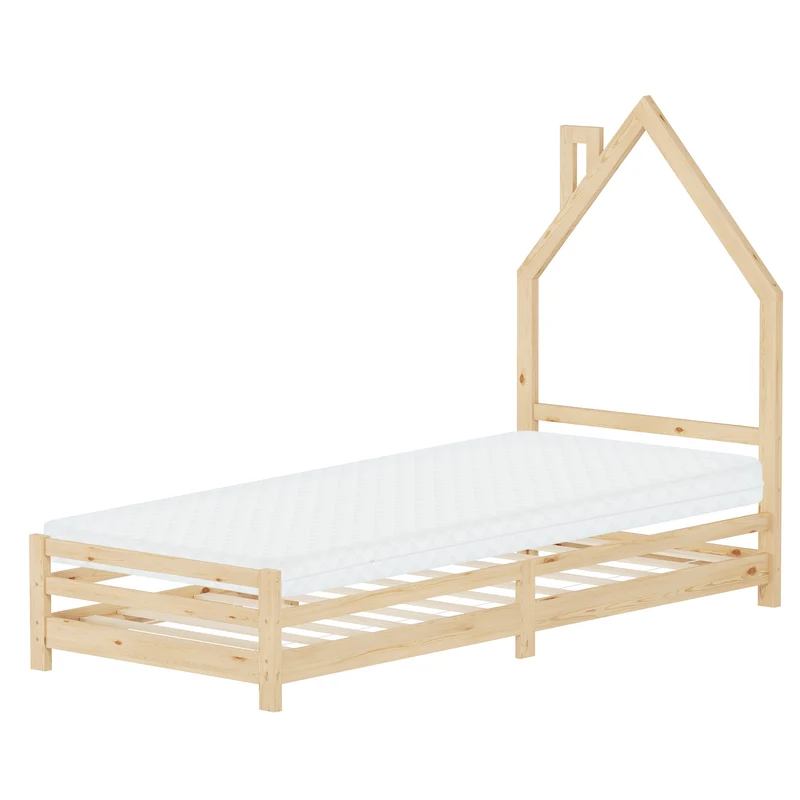 Kinderbett Haus 90x200 cm Natur mit Matratze H:10cm Holzbett für Kinder mit Lattenrost Schornstein Design ML-Design