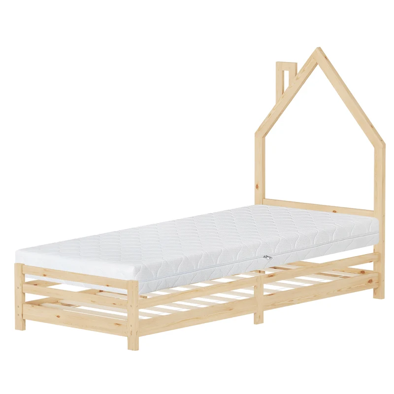Kinderbett Haus 90x200 cm Natur mit Matratze H:16cm Holzbett für Kinder mit Lattenrost Schornstein Design ML-Design