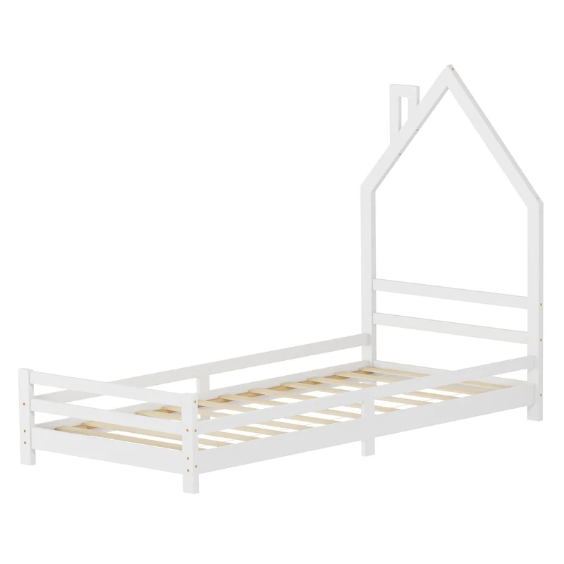 Kinderbett Haus 90x200 cm Weiß Hausbett für Kinder Holzbett mit Lattenrost Schornstein Design ML-Design