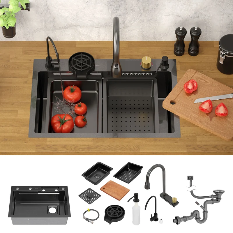 B-Ware Einbauspüle mit Wasserhahn Komplett Set 8-teilig Anthrazit 68x46 cm aus Edelstahl ML-Design