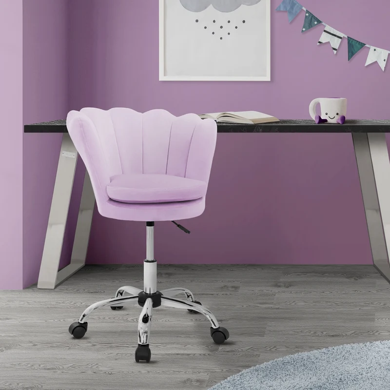 B-Ware Bürostuhl mit Rollen und Rückenlehne Muscheldesign 55x60 cm Lila aus Samt Schminktisch Stuhl ML-Design
