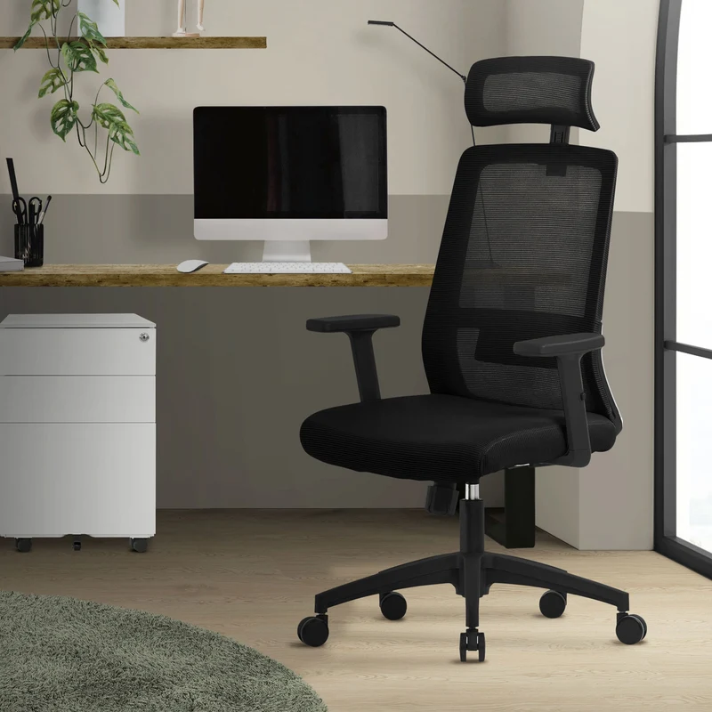 B-Ware Ergonomischer Bürostuhl Schwarz Netzgewebe mit verstellbaren Armlehnen und Kopfstütze ML-Design