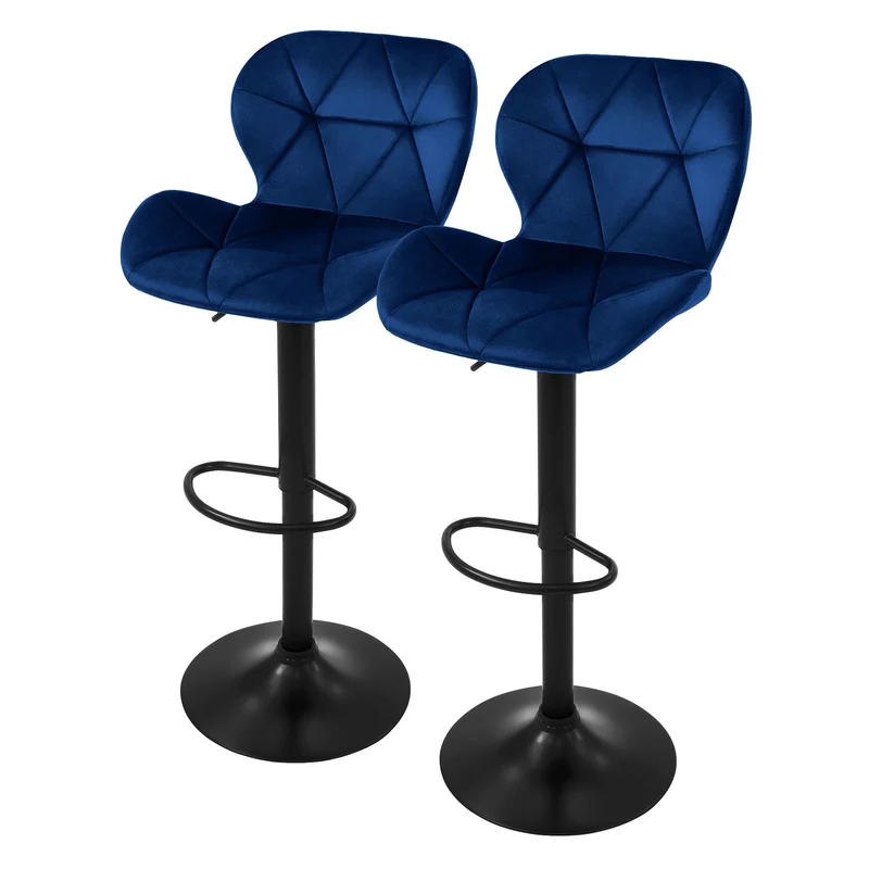 B-Ware Barhocker 2er Set Blau Samtbezug mit Rückenlehne und Fußstütze höhenverstellbar 59-79cm ML-Design