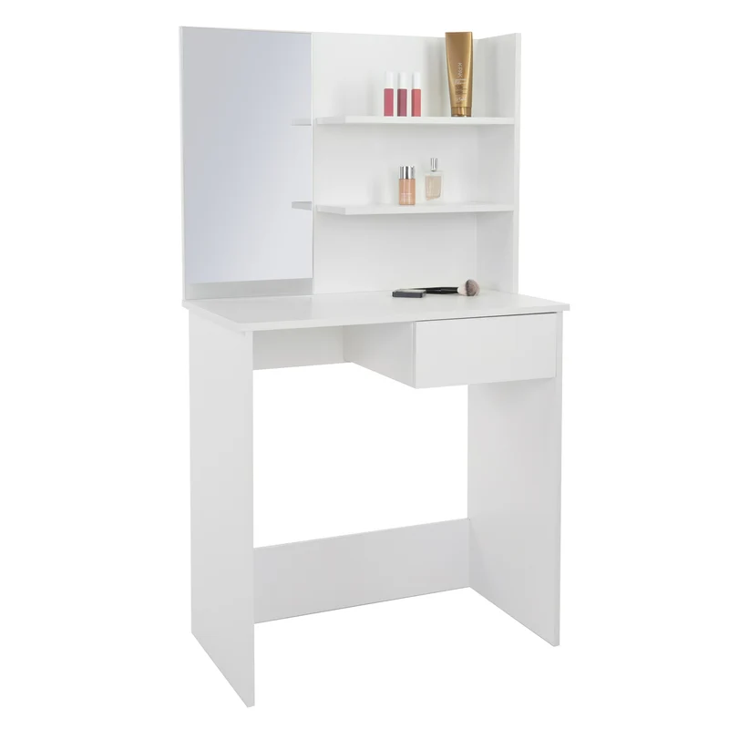 Schminktisch Frisiertisch 75x40x135 cm in Weiß mit Spiegel, Schublade & 3 Ablagen ML-Design
