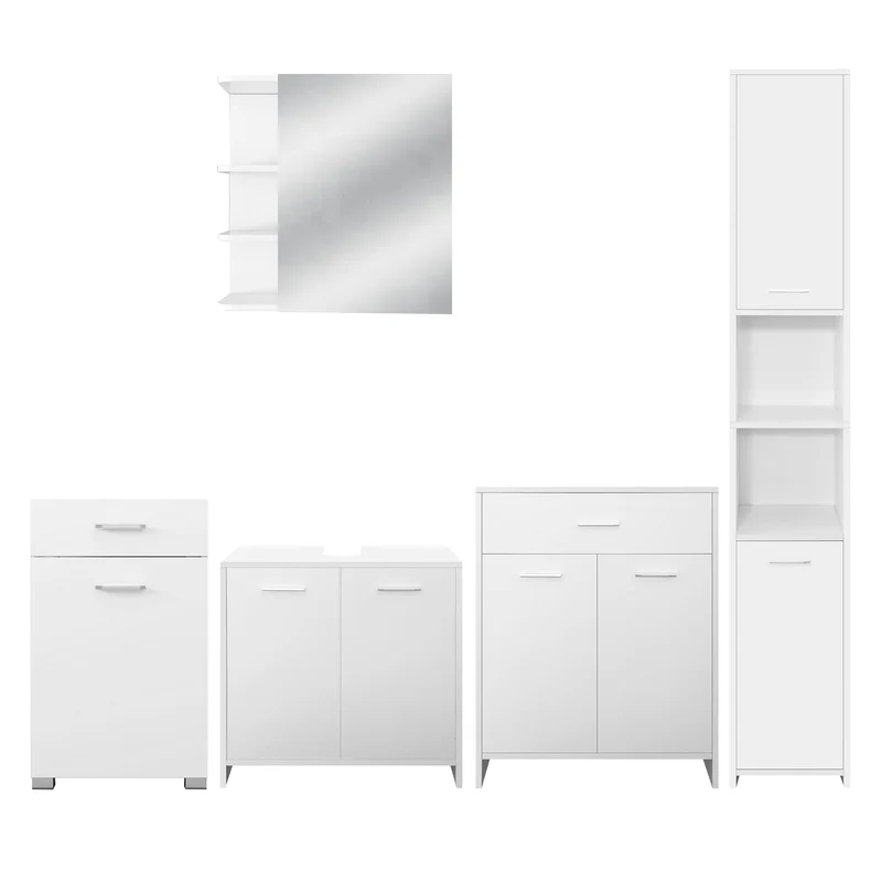 Badmöbel Badezimmermöbel Set 5-Teilig Spiegelschrank Hochschrank Unterschrank Midischrank Wäscheschrank in Weiß ML-Design