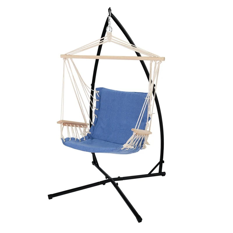 Hängesessel mit Gestell 45x100x46 cm Blau aus Baumwolle und Hartholz