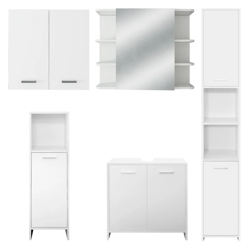 Badmöbel Badezimmermöbel Set 5-Teilig Spiegelschrank Hochschrank Unterschrank Midischrank Hängeschrank in Weiß ML-Design