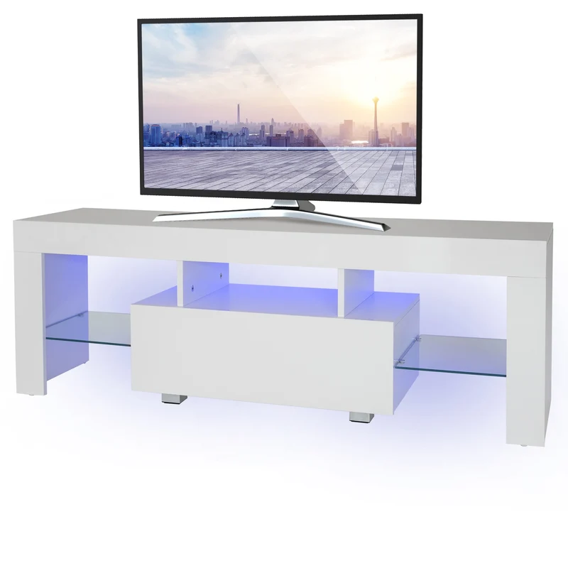 B-Ware TV Lowboard mit LED-Beleuchtung 130x49x45 cm Weiß inkl. Glasregal ML-Design