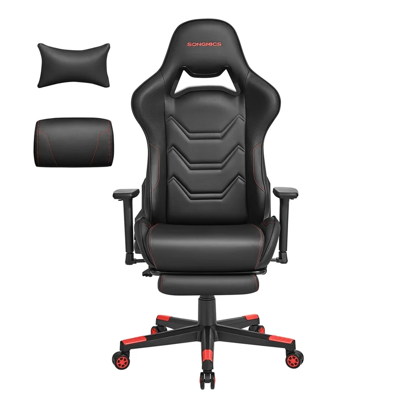Bürostuhl ergonomisch Armlehnen Kopfkissen schwarz-rot