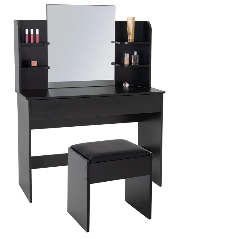 Schminktisch Frisiertisch 108x40x140 cm in Schwarz mit Spiegel, Schublade und Hocker ML-Design