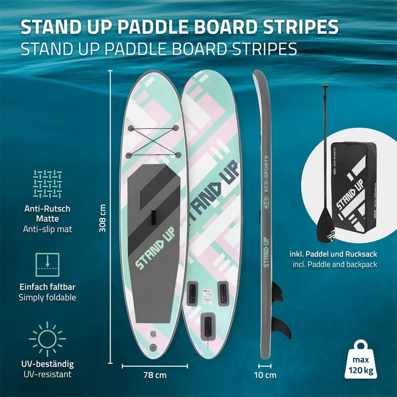 Stand Up Paddle aufblasbares SUP Board 308x78x10 cm in Rosa/Mint aus PVC inkl. Pumpe und Tragetasche